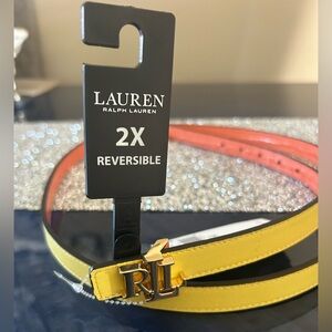 Lauren Ralph Lauren Logo 2X Reversible Leather Skinny Belt Coral / Yellow
